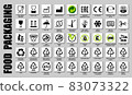 Full set of food packaging icons, product guide symbols. International meal pictograms for food package labels of contain ingredients, keep limits, delivery info, recycling signs 83073322