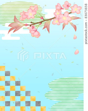 日本櫻花圖案框架（垂直）櫻花，方格圖案和天空 83073838