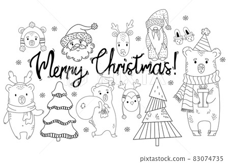 Set of design elements for Christmas characters and New Year animals in doodle style. Vector illustration. outline. Isolated Hand drawing For design and decor of postcard Merry Christmas. 83074735