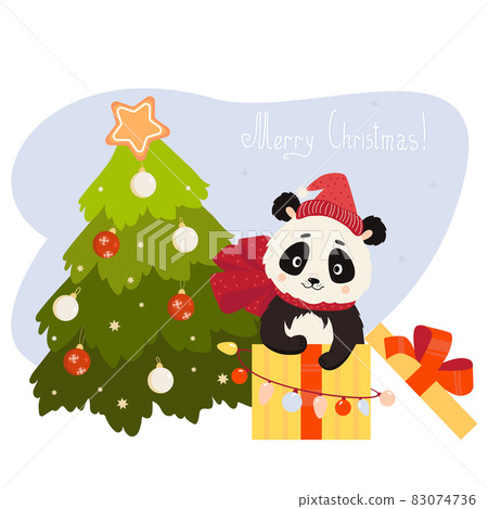 Christmas card. Cute panda in gift box with garland and bow in Santa hat and Christmas tree. Vector illustration. Beautiful Christmas animal for festive decor and postcards, prints and posters. Christmas card. Cute panda in gift box with garland and bow in Santa hat and Christmas tree. Vector illustration. Beautiful Christmas animal for festive decor and postcards, prints and posters. 83074736