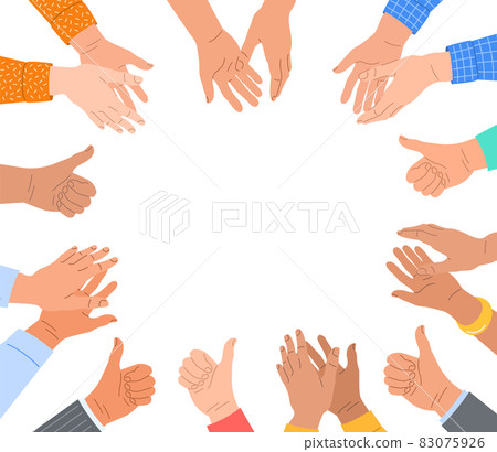 Clapping human hands with thumbs up. Group of men and women congratulates a winner. Business team applauding for great successful work. Teamwork and togetherness hand drawn concept with space for text Clapping human hands with thumbs up. Group of men and women congratulates a winner. Business team applauding for great successful work. Teamwork and togetherness hand drawn concept with space for text 83075926