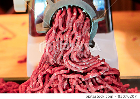 Closeup of freshly ground deer meat processed at home Closeup of freshly ground deer meat processed at home 83076207
