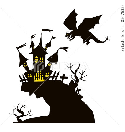 castle on a rock and a dragon in the sky. vector castle on a rock and a dragon in the sky. vector 83076332