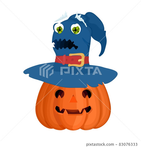 Halloween pumpkin in a magic hat illustration flat Halloween pumpkin in a magic hat illustration flat 83076333