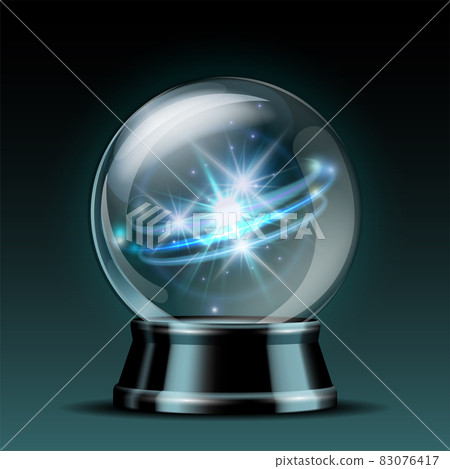 Shining crystal ball on a dark background. Bright glowing crystal ball for fortune tellers. Shining crystal ball on a dark background. Bright glowing crystal ball for fortune tellers. 83076417
