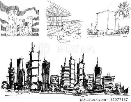 four hand drawn architectural sketches of a modern city with high buildings and people in the streets four hand drawn architectural sketches of a modern city with high buildings and people in the streets 83077187