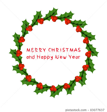 Merry Christmas and new year colorful wreath with text. Bright vector decor for web and print.  83077637