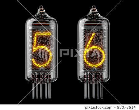 Nixie tube indicator. Number 5 five and 6 six on black background. 83078614
