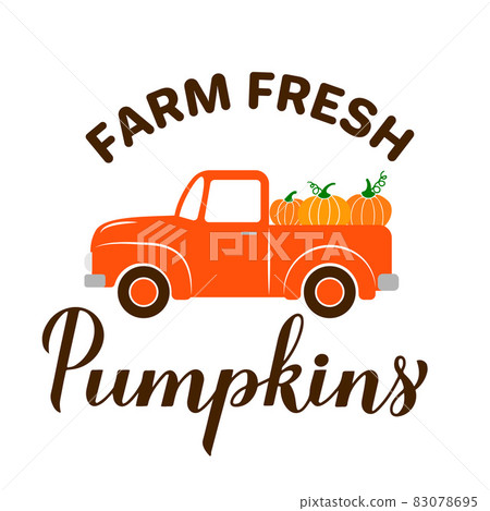 Farm fresh pumpkins calligraphy lettering with fall retro truck. Harvest festival decorations. Vector template for typography poster, banner, flyer, postcard, logo design, etc Farm fresh pumpkins calligraphy lettering with fall retro truck. Harvest festival decorations. Vector template for typography poster, banner, flyer, postcard, logo design, etc 83078695