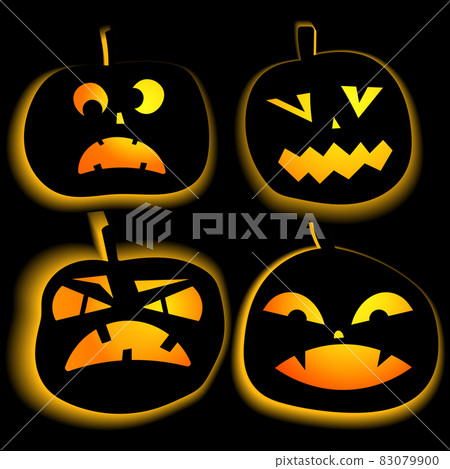 Set of glowing halloween pumpkins. Scary and funny faces. Cute Pumpkin or ghost. Vector autumn holidays illustration Set of glowing halloween pumpkins. Scary and funny faces. Cute Pumpkin or ghost. Vector autumn holidays illustration 83079900