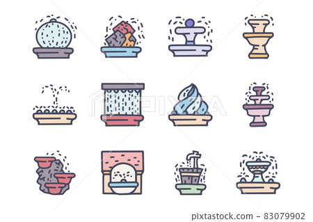 Outdoors fountains color vector doodle simple icon set 83079902