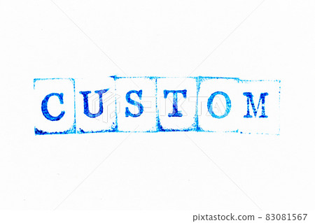 Blue color ink rubber stamp in word custom on white paper background 83081567