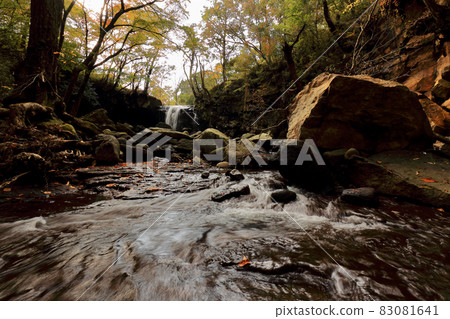 Mysterious autumn Mazeno waterfall and autumn leaves ~ River flow in front 83081641