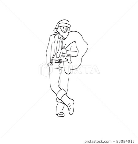 line art businessman in Santa Claus costume with big bag illustration vector isolated on white background 83084015