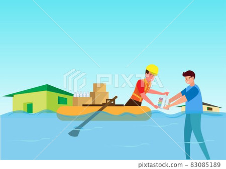 Rescuers brought donation boxes to help the flood (money, medicine, clothing, food, drinking water, donation campaign) with the donation box recipients who suffered from flooding, rainstorm crisis ban 83085189