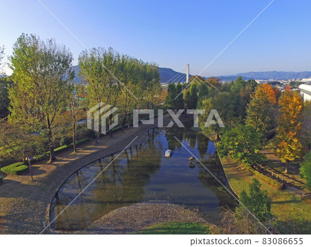 [Drone aerial photography, Kyoto Prefecture Kameoka Sports Park] Autumn scenery Kameoka City, Kyoto Prefecture 83086655