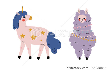 Cute Wooly Llama and Unicorn as Adorable Fairy Animal Vector Set 83088836