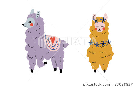 Pretty Wooly Llama or Alpaca as Adorable Fairy Animal Vector Set 83088837