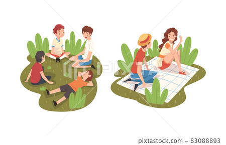 People Character Having Picnic in the Park Sitting on Green Lawn and Blanket Talking Vector Set 83088893