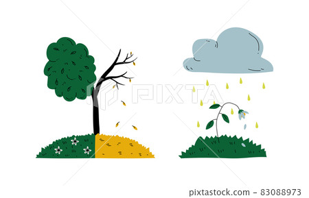 Dying Tree and Flower Because of Toxic Fallout Vector Set 83088973