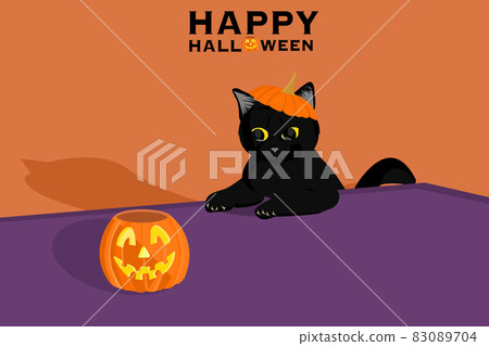 Flat art and cartoon design with orange and purple tone for halloween event with black cat play and see pumpkin on table 83089704