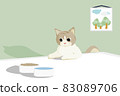Flat art and cartoon design with scottish white brown tabby cat look and wait for eat food on table 83089706