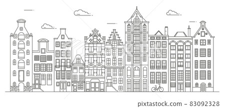 Amsterdam old style houses. Typical dutch canal houses lined up near a canal in the Netherlands. Building and facades for Banner or poster. Vector outline illustration. Amsterdam old style houses. Typical dutch canal houses lined up near a canal in the Netherlands. Building and facades for Banner or poster. Vector outline illustration. 83092328