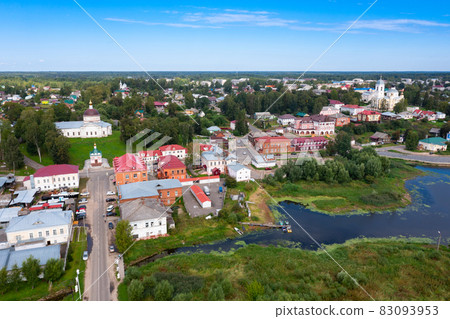 Summer view from drone of Myshkin town on bank of Volga, Russia Summer view from drone of Myshkin town on bank of Volga, Russia 83093953