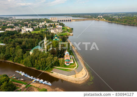 Aerial view of Uglich on Volga river overlooking Kremlin Cathedrals in summer Aerial view of Uglich on Volga river overlooking Kremlin Cathedrals in summer 83094127
