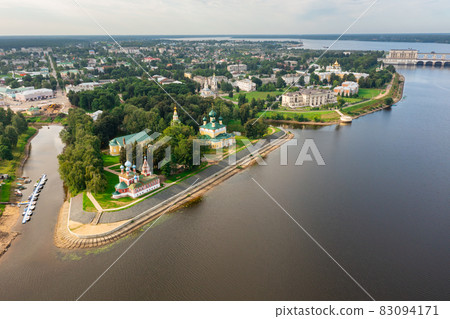 Aerial view of Uglich on Volga river overlooking Kremlin Cathedrals in summer 83094171