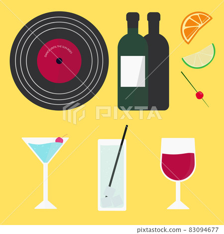 Illustration of drinks, bottles, fruits and records of bar items with a retro atmosphere Illustration of drinks, bottles, fruits and records of bar items with a retro atmosphere 83094677