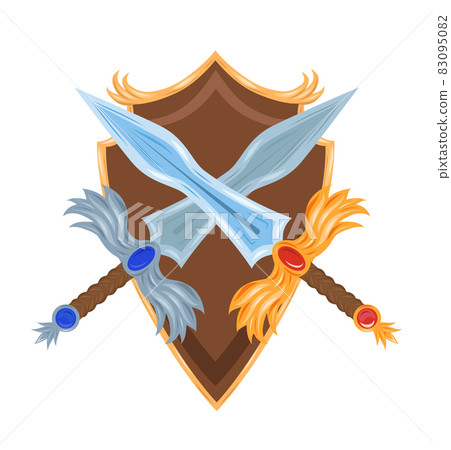 Cartoon crossed swords and shield. Defense and duel. Knightly confrontation. Vector hand drawn flat illustration Cartoon crossed swords and shield. Defense and duel. Knightly confrontation. Vector hand drawn flat illustration 83095082