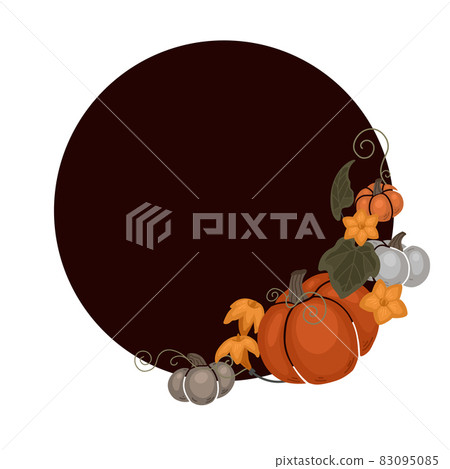 Autumn template with pumpkins, foliage, vine curled, flowers and copy space. Vector round border with flat hand drawn vegetables and floral decoration. Dark circle frame Autumn template with pumpkins, foliage, vine curled, flowers and copy space. Vector round border with flat hand drawn vegetables and floral decoration. Dark circle frame 83095085