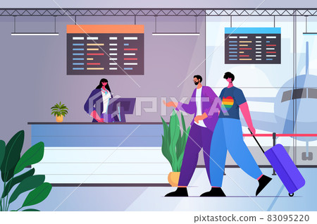 gay passengers standing to airport counter for check in lgbt transgender love concept 83095220