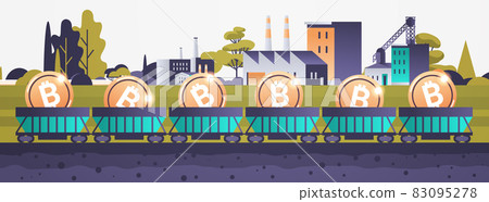 minecart on rails with bitcoins blockchain cryptocurrency mining concept industrial panorama 83095278