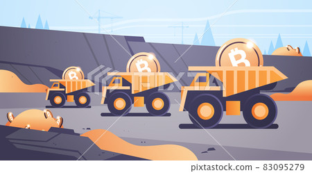 heavy trucks mining transport with bitcoins golden coin digital money production cryptocurrency blockchain 83095279