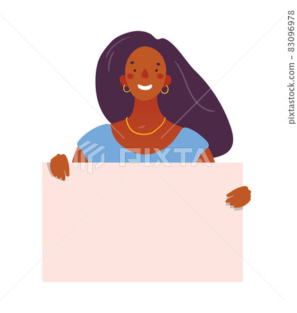 Black woman holds a board with place for text. Flat vector illustration with copy space. Cute girl with a banner in her hands. 83096978