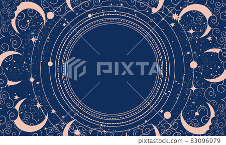 Blue mystical background with stars, clouds and orbits with place for text. Heavenly boho background with copy space. Vector banner for astrology, tarot, fortune telling. 83096979