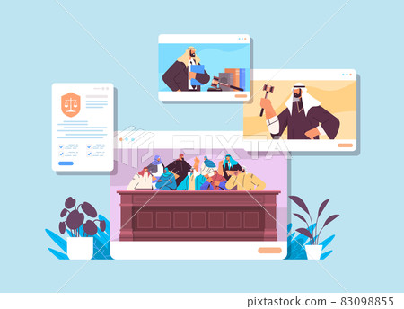 law process with judge jury suspect and lawyer or attorney in web browser windows online court session concept 83098855
