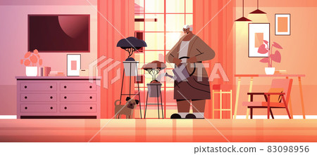 elderly woman watering flowers from watering can senior housewife taking care of house plants living room interior elderly woman watering flowers from watering can senior housewife taking care of house plants living room interior 83098956