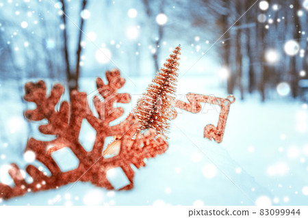 Christmas ball snow. Happy new year ornament decoration with golden balls, xmas holiday tree. White winter snow background. Minimal snowflake backdrop. Christmas ball snow. Happy new year ornament decoration with golden balls, xmas holiday tree. White winter snow background. Minimal snowflake backdrop. 83099944
