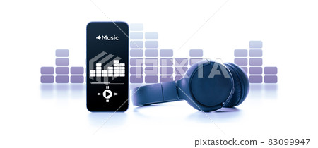 Music icon. Audio equipment with beats, sound headphones, music application on mobile smartphone screen. Radio recording sound voice isolated on white background. Broadcast media music concept. 83099947