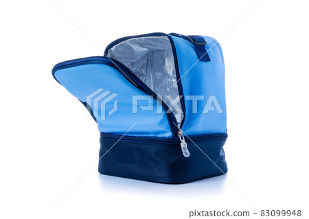 Blue bag. Camping freezer, cooler box for cold lunch food isolated on white background. Blue bag for travel, picnic. Blue bag. Camping freezer, cooler box for cold lunch food isolated on white background. Blue bag for travel, picnic. 83099948