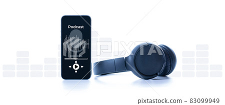 Podcast background. Mobile smartphone screen with podcast application, sound headphones. Audio voice with radio microphone on white. Recording studio or podcasting banner with copy space. Podcast background. Mobile smartphone screen with podcast application, sound headphones. Audio voice with radio microphone on white. Recording studio or podcasting banner with copy space. 83099949