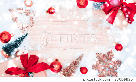 Christmas wood snow. Xmas board with old rustic wall, white frozen snowflake, golden balls and gift box. Winter wooden decoration background. Happy new year copy space. Christmas wood snow. Xmas board with old rustic wall, white frozen snowflake, golden balls and gift box. Winter wooden decoration background. Happy new year copy space. 83099950