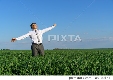 businessman poses in a field, he looks into the distance and rests, green grass and blue sky as background businessman poses in a field, he looks into the distance and rests, green grass and blue sky as background 83100164