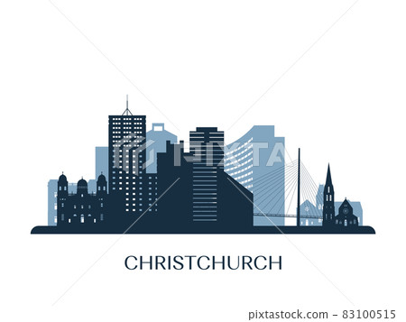 Christchurch skyline, monochrome silhouette. 83100515