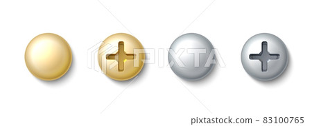 Realistic bolt heads. Stainless steel nails. Golden and silver rivet with cross carving. Metal nut cap. Isolated glossy screw top. Metallic hardware elements. Vector construction tools set Realistic bolt heads. Stainless steel nails. Golden and silver rivet with cross carving. Metal nut cap. Isolated glossy screw top. Metallic hardware elements. Vector construction tools set 83100765