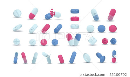 Pharmacy. Cartoon medicine drugs. Antibiotic and medical prescription pills. Round pharmacology cure chemistry. Tablets and capsules. Remedy treatment. Vector vitamins and painkillers set 83100792