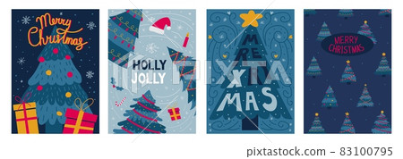 Christmas tree posters. Holiday party invitation and greeting card with doodle drawing of New Year fir. Decorated spruce and presents. Festive banners. Vector Merry Xmas postcards set Christmas tree posters. Holiday party invitation and greeting card with doodle drawing of New Year fir. Decorated spruce and presents. Festive banners. Vector Merry Xmas postcards set 83100795